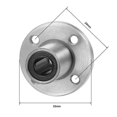 LM8UU Round Flange Linear Ball Bearing Bushing 8 mm Bore Shop Grade Chrome Steel with dimensions 32mm x 24mm.
