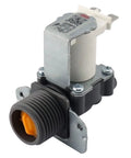 Washer water inlet valve for hot water line, gray metal solenoid with orange seal and mounting bracket.