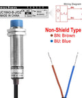 Capacitive Proximity Sensor Switch M18 Non Shield Type With 10mm Sensing Range Dielectric Object Detection Adjustable 0-8mm Set Distance Normally Closed NC 90-250VAC 300mA Output Two-Wire Blue Body shown with wiring diagram and labeled wires