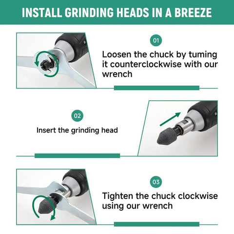 Steps to install grinding head on 1/4-Inch Electric Die Grinder, 6 Amp Heavy-Duty Compact High-Speed Rotary Tool For Precision Grinding