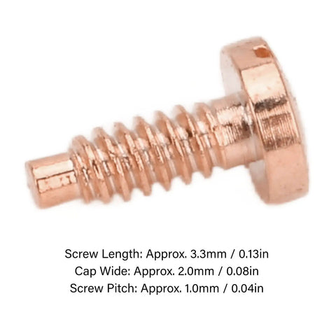 Close-up of rose tone screw from 8 Piece Stainless Steel Watch Case Screws Set For Back Cover Repair with dimensions listed.