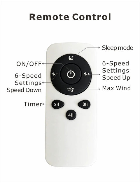 Remote control for Kicking Airflow 18 Inch USB ceiling fan with timer, sleep mode, and 6-speed settings features.