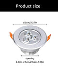 3W Recessed LED Downlight, Aluminum, 8.5cm, White Light, Frosted Silver showing size and openings for installation.