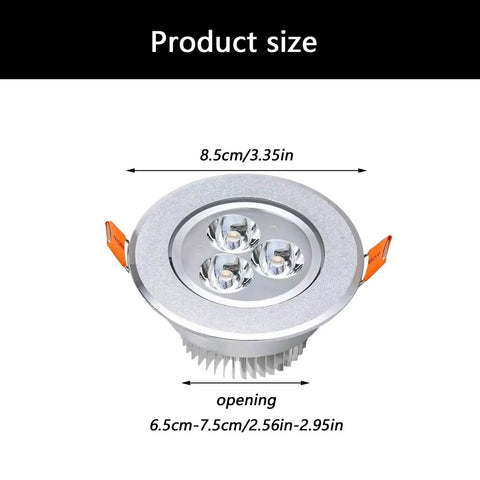 3W Recessed LED Downlight, Aluminum, 8.5cm, White Light, Frosted Silver showing size and openings for installation.