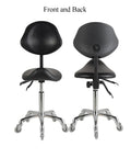 Front and back view of Ergonomic Saddle Stool With Back Support, Adjustable Height 20 To 29.5 Inches, black, on casters