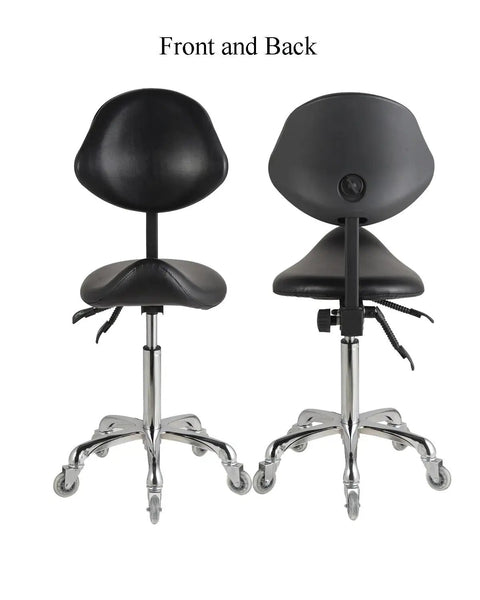 Front and back view of Ergonomic Saddle Stool With Back Support, Adjustable Height 20 To 29.5 Inches, black, on casters