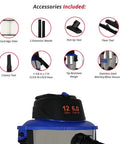 Beast Mode Wet And Dry Vacuum Cleaner With 12 Gallon Stainless Steel Tank 6 Peak HP Motor, showing included accessories.