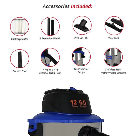 Beast Mode Wet And Dry Vacuum Cleaner With 12 Gallon Stainless Steel Tank 6 Peak HP Motor, showing included accessories.