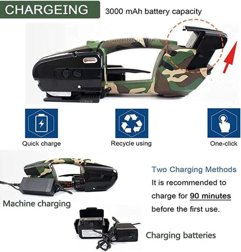 Rock Solid Battery Powered Strapping Machine For PP And PET Banding Straight Up Automatic Tensioner With 3000 Mah Battery charging features