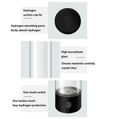 Hydrogen Rich Water Bottle On The Go With 1200-1600PPB Concentration In Just 3 Minutes, showcasing lid, glass, and button details