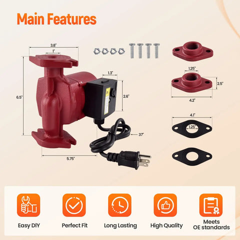 115V 1/6HP Water Circulator Pump With Rock Solid Cast Iron Housing for radiant heating applications with accessories and dimensions.