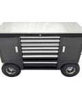 Badass Heavy Duty 500kg Rolling Toolbox With 7 Drawers Off Road Tires Racing Pit Wagon Cart featuring a stainless steel top and rubber wheels.