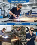 Lightweight IR5.0 Welding Sunglasses Featuring A Snug Wrap-Around Fit For Kickass Eye Protection During Hardcore Shop Jobs And Weekend Garage Builds With Zero Sweat Interference. Worker using safety glasses for plasma cutting, welding, grinding, and brazing in a workshop.