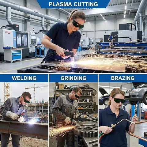 Lightweight IR5.0 Welding Sunglasses Featuring A Snug Wrap-Around Fit For Kickass Eye Protection During Hardcore Shop Jobs And Weekend Garage Builds With Zero Sweat Interference. Worker using safety glasses for plasma cutting, welding, grinding, and brazing in a workshop.