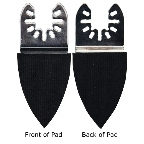Front and back view of hooks for 52 Piece Finger Oscillating Multi Tool Sanding Pads Kit With Two Finger Pads And Fifty Sandpaper Sheets Aluminum Oxide Hook And Loop Chrome Coated Holder Handy For Tight Spots And Detail Sanding