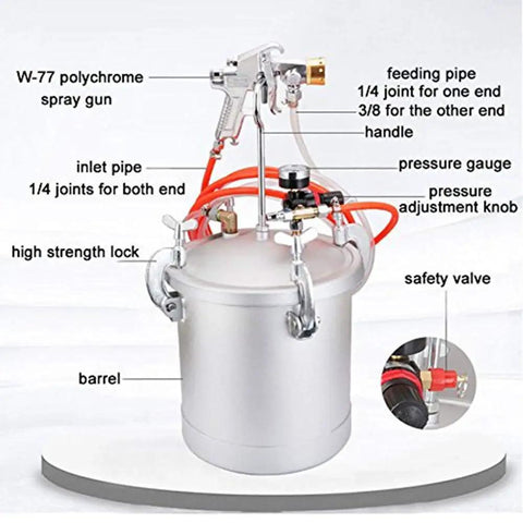 Pro Grade Heavy Duty 15 Liter Pneumatic Pressure Paint Spray Gun for Smooth Marble Coatings with steel tank and chrome spray gun.