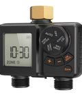 Front view of Two Zone Sprinkler Timer For Garden Hose With Battery Power, Water Timer For Lawn And Garden, Brass Inlet, IPX6 Waterproof