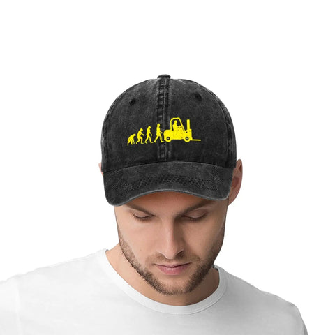 Man wearing Forklift Operator Cap Grind Ready For Warehouse Crew Evolution Style Trucker Sun Hat with yellow forklift logo