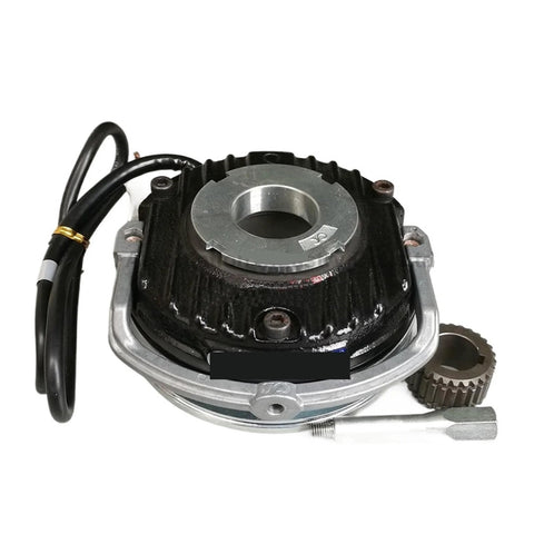 Front view of electromagnetic clutch brake unit with black housing, silver mounting ring, and 15mm bore