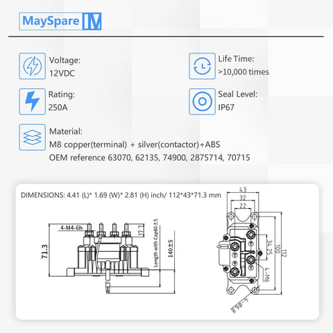 Heavy Duty 12V 250A Beefy Winch Solenoid Relay Contactor With Rocker Thumb Switch Mounting Brackets Terminal Caps And Handle Bar Control For ATV UTV 1500 Lb To 5000 Lb Capacity, technical drawing with 112x43x71.3 mm dimensions
