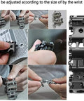All In One Multitool Bracelet For Men With Pry Tool And Bottle Opener, 29 In 1 Stainless Steel Wristband shown in multiple configurations.