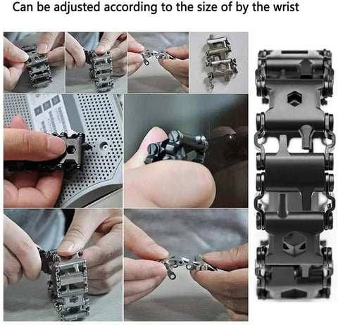 All In One Multitool Bracelet For Men With Pry Tool And Bottle Opener, 29 In 1 Stainless Steel Wristband shown in multiple configurations.
