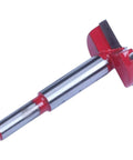 Side view of 35mm carbide hole saw boring drill bit for wood, red head, metal shank