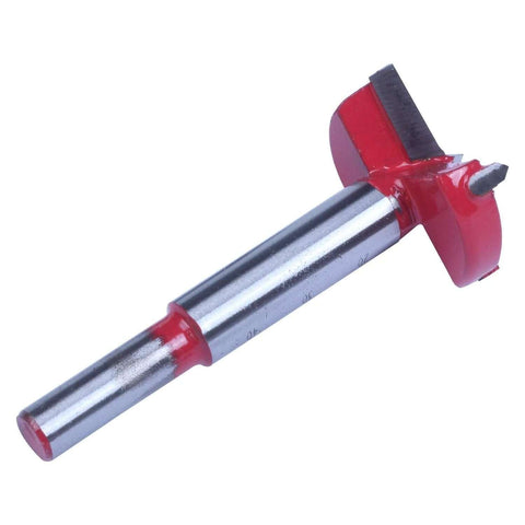 Side view of 35mm carbide hole saw boring drill bit for wood, red head, metal shank