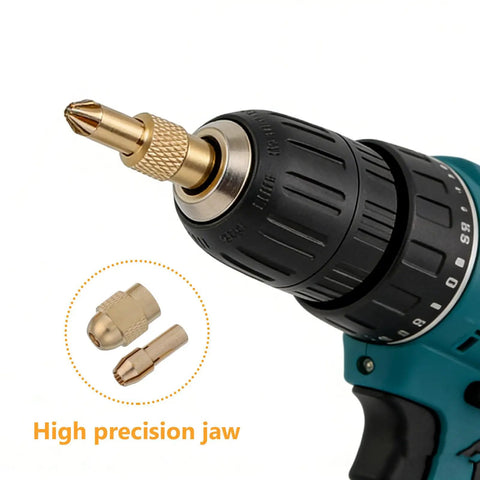Close-up of Ultimate 11 Pc Replacement Drill Chuck Collet Set With Copper Nuts Mini Bits High Rotary Tool Parts Heavy Duty 8mm Tail Universal Fit Upgrade featuring a precision jaw.