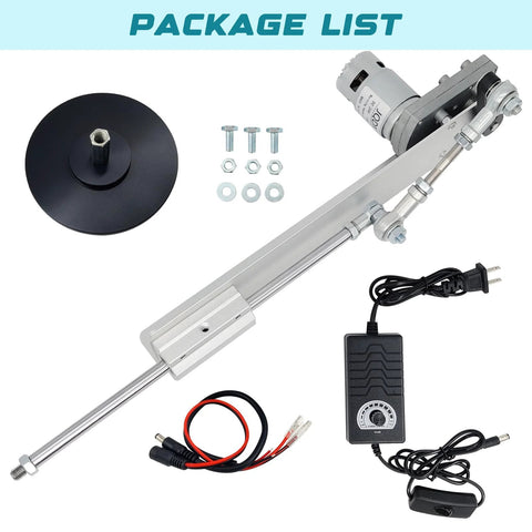 Front view of JQDML 24V DC reciprocating linear actuator kit with motor, speed controller, suction cup base, mounting hardware.