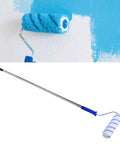 Ultimate Paint Roller Kit With Telescopic Extension Pole For Ladder Free Magic High Ceiling Covering. Blue roller on wall.