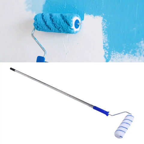 Ultimate Paint Roller Kit With Telescopic Extension Pole For Ladder Free Magic High Ceiling Covering. Blue roller on wall.