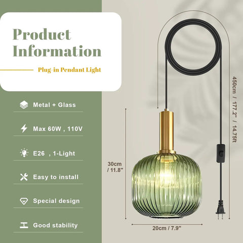 Green Glass Plug In Pendant Light With 15 Feet Cord Retro Vintage Black Hanging Ceiling Lamp For Kitchen Bedroom Living Room And Dining Room Easy To Install E26 Base Mid Century Modern Style Vibe
