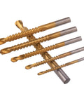 Top Shelf Titanium Coated High Speed Steel Twist Drill Bit Set With Killer Cutting Speed For Wood And Metal Ultra Sharp Precision Three To Eight Millimeters display of six drill bits arranged in varying sizes and designs