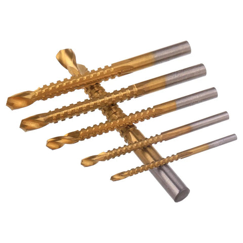 Top Shelf Titanium Coated High Speed Steel Twist Drill Bit Set With Killer Cutting Speed For Wood And Metal Ultra Sharp Precision Three To Eight Millimeters display of six drill bits arranged in varying sizes and designs