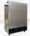 Top Shelf Commercial Double Door Glass Freezer Stainless Steel Upright Reach In Merchandiser showing backside with ventilation and wheels.