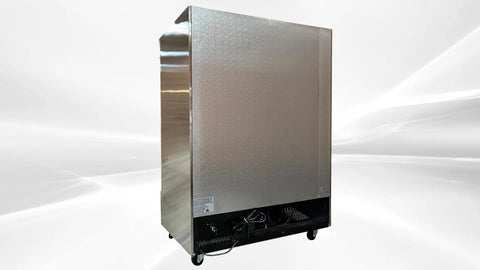 Top Shelf Commercial Double Door Glass Freezer Stainless Steel Upright Reach In Merchandiser showing backside with ventilation and wheels.