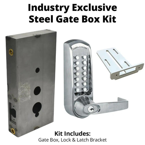 Heavy Duty Gate Lock Kit Featuring Keyless Mortise Latch And Brush Finish For Metal Gates. Includes steel gate box and latch.