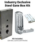 Heavy Duty Mechanical Gate Lock Kit With Keyless Entry And Mortise Latch For High Traffic Metal Fences Brushed Finish Ansi Grade Two Certified Includes All Hardware For A No Hassle Setup, featuring steel gate box and keypad.