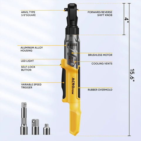 Professional 3/8 Cordless Ratchet Wrench With Brushless Motor And Knockout Torque For Fast Bolt Retrieval And Smooth Operation with aluminum alloy housing.