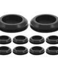 Set of 10 black silicone hole plugs with locking groove, universal round panel seals for appliances and automotive use.