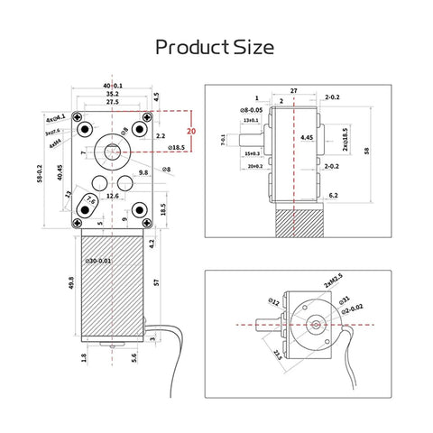 Technical diagram of Worm Gear DC Gearbox Motor 5840-31ZY 12V To 24V with dimensions and specifications.