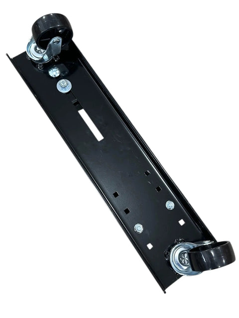 Black steel dolly for snow blower storage with caster wheels, compatible with 44, 47, and 54 inch blowers, easy install, model LP70692.
