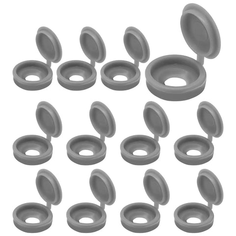 No Brainer Hinged Screw Cover Caps In Small Gray Build With A Nifty Two Piece Frame For Instant Snap On Concealment Of Bare Fasteners And Waterproof Protection During Any House Upgrade, arranged in a variety of angles.