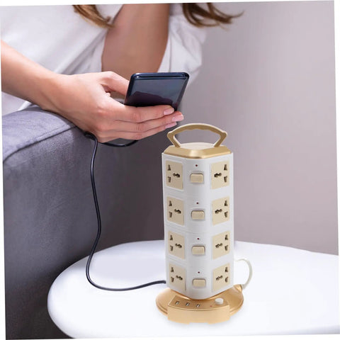 Heavy Hitter Power Strip With Quick Juice USB Ports And No Hassle Surge Guard For Your Home Office Setup on a table next to smartphone.