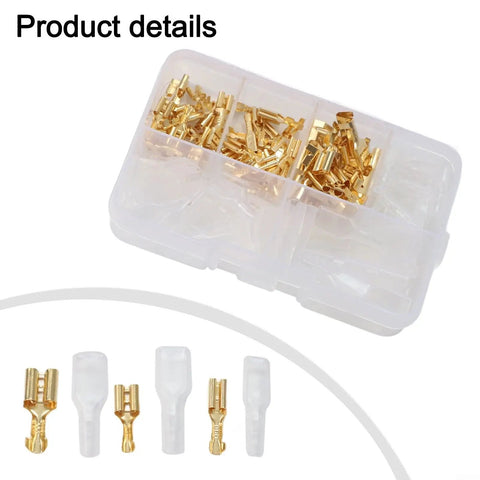 Massive 120 Piece Wire Terminal Crimp Connector Kit With Insulated Sleeves, Male Female Spade Lug Assortment For 2.8mm 4.8mm 6.3mm Copper Electrical Connectors Perfect For Auto Home Audio Repair Projects. clear box with copper spade connectors