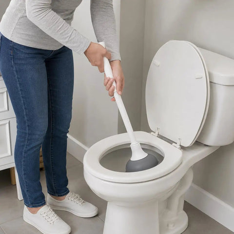 Slick Modern Toilet Plunger With 19 Inch Handle And Gray Rubber Cup Kicks Clogs Fast And Features A Snazzy Three Piece Design in use over toilet.