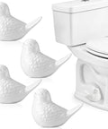 Four Pack White Ceramic Bird Toilet Bolt Caps Super Chic Animal Flange Covers on a bathroom toilet, 3.9x2.4x3in, waterproof.