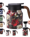 One-Handed Vintage Floral Teapot With Built-In Infuser And Insulated Carafe, brown handle, floral design, 35oz