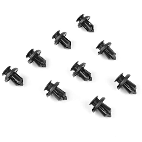 Clean Nylon Fender Clips And Bumper Retainer Kit For Honda And Acura Rides With 40 Pack Expansion Screws, eight black nylon clips displayed.
